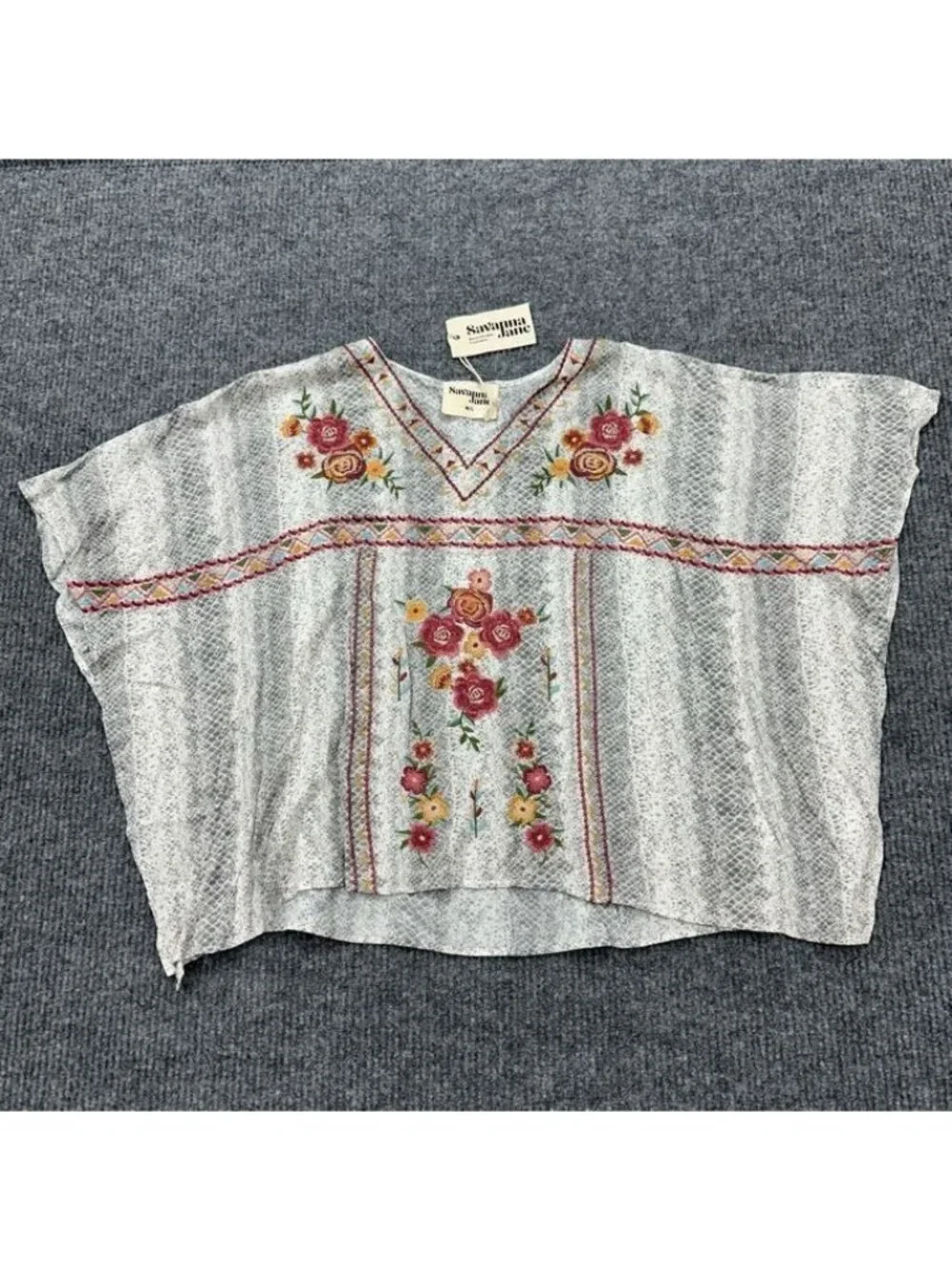 Savanna Jane Embroidered Poncho Top Boho Striped V Neck Shirt Womens Sz M/L NEW